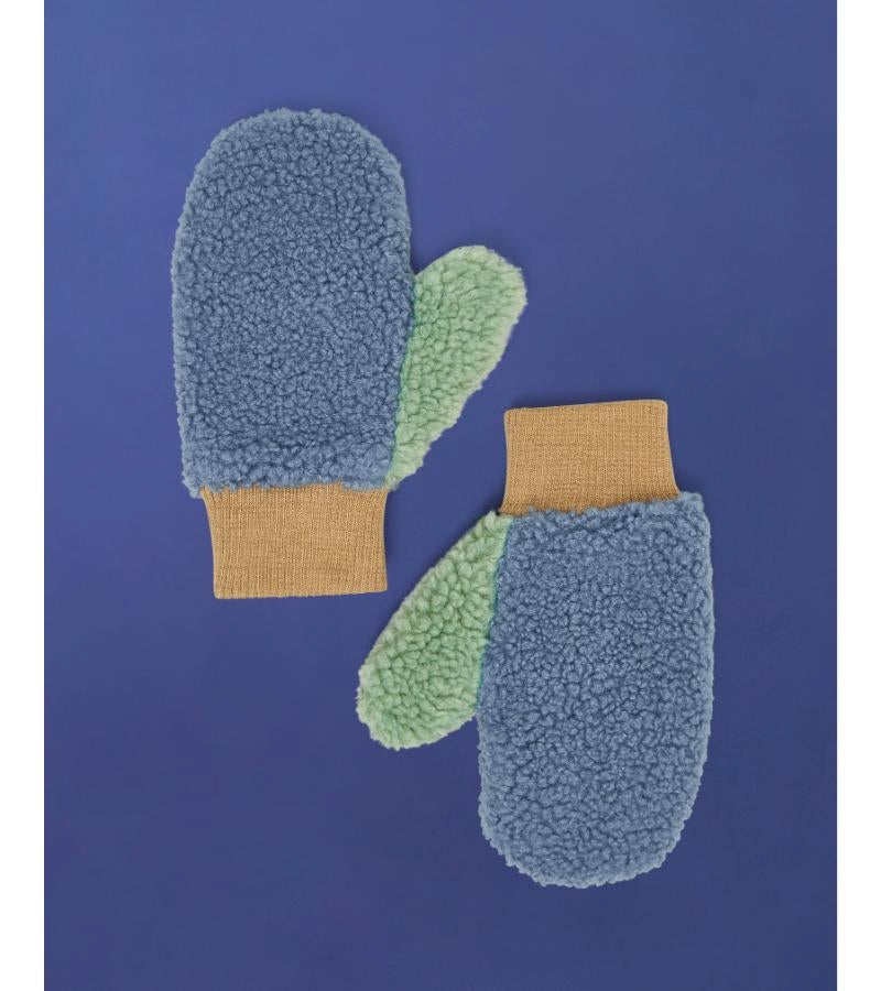 Fleece Mittens - Blue/Beige